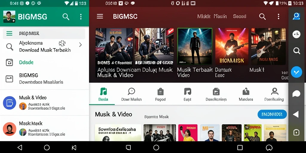 Antarmuka pengguna aplikasi BIGMSG dengan fitur Download Musik yang menarik.