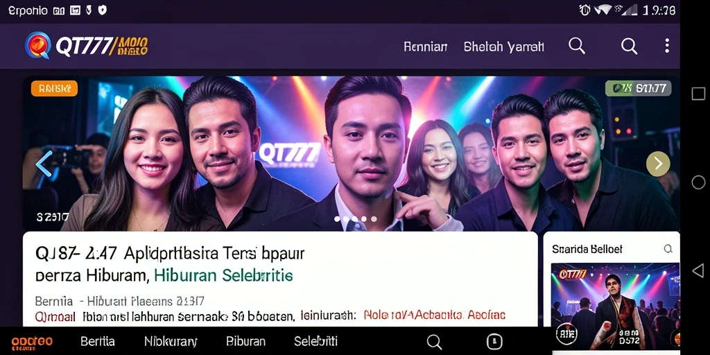Antarmuka aplikasi QT777 menampilkan berita selebriti dengan desain yang elegan.